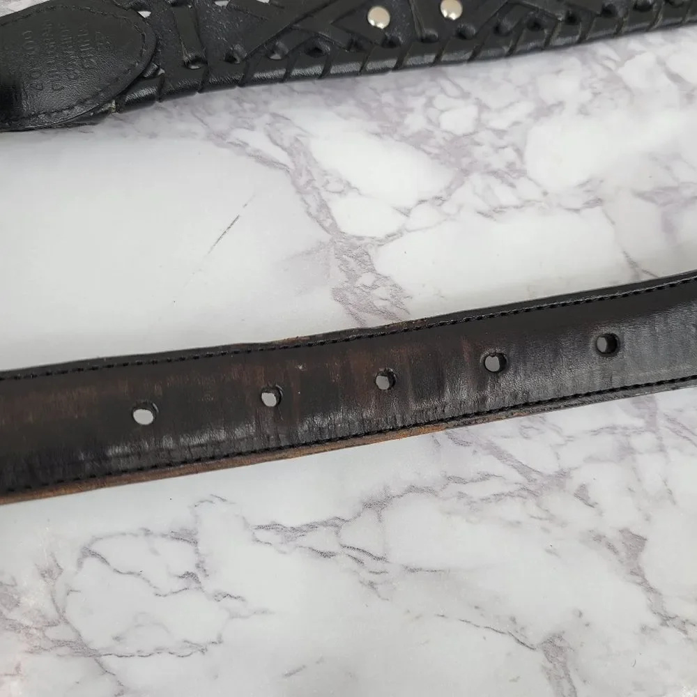 Roundtree & Yorke Black Woven Leather Belt with Silver & Gold Toned Conchos